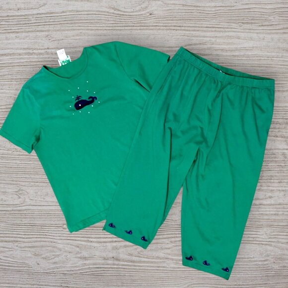 QUACKER FACTOR Vintage 2-PC Green Embroidered Whale Top & Pants Outfit Set 1X - Picture 1 of 5